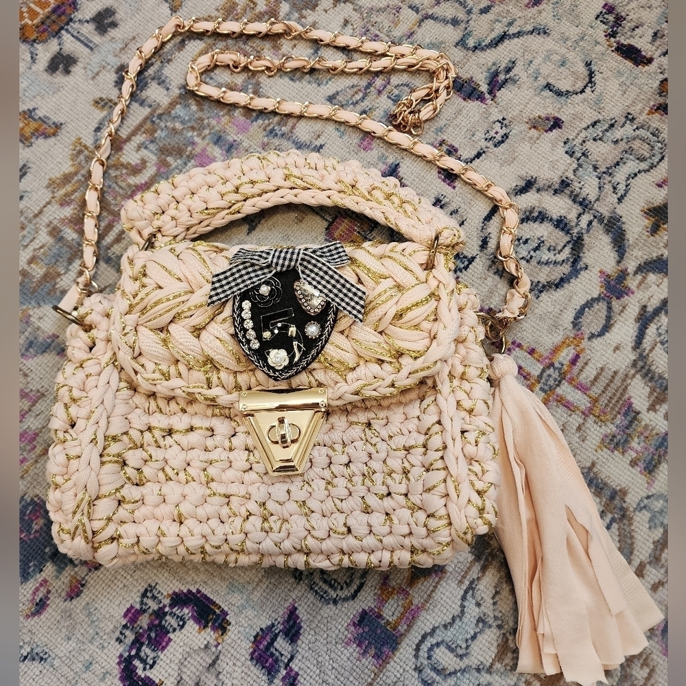 Cream Crochet Knit Mini Bag with Tassel & Turn Lock Closure